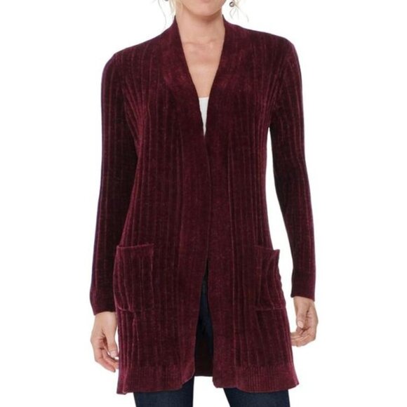 MATTY M Chenille Cardigan Burgundy Maroon Red Ribbed Chunky Knit Long Sweater S - Picture 1 of 15